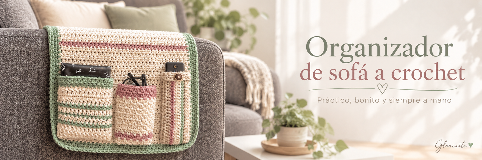 Cabecera panorámica del organizador de sofá a crochet en tonos suaves, con el título del proyecto.