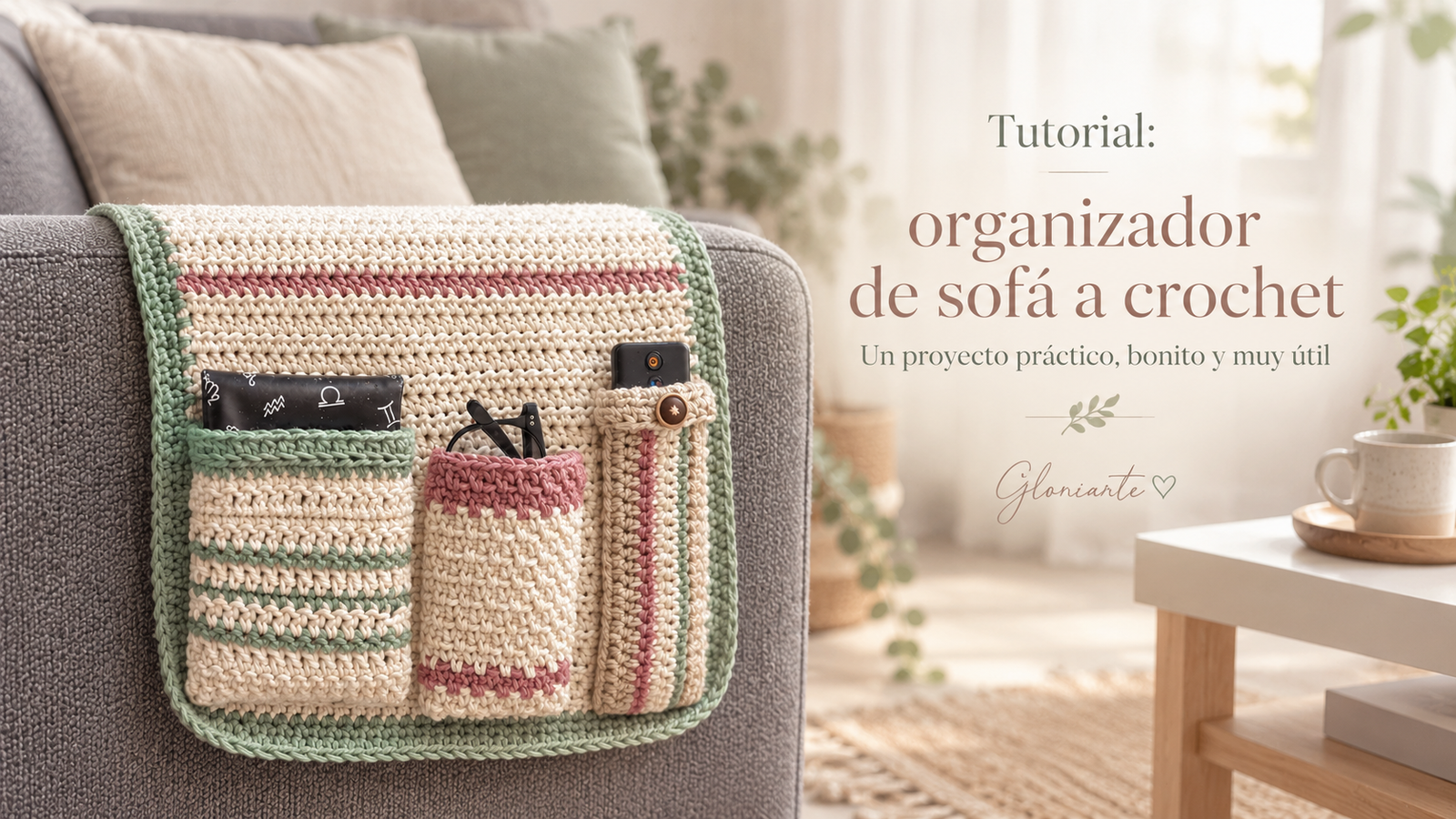 Organizador de sofá a crochet en crema, verde salvia y rosa, con el título del tutorial.